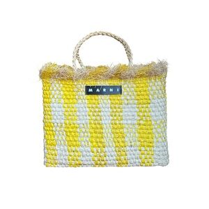 Marni Yellow and White Checkered Straw Wicker Tote